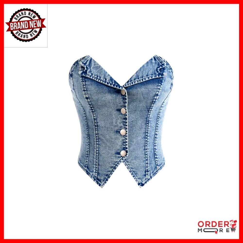 Denim Button Down Tube Top Y2K Asymmetrical Crop Sweetheart Neck Strapless - Picture 1 of 7